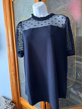 Adrianna Papell Navy Sheer Yoke Short Sleeve Blouse